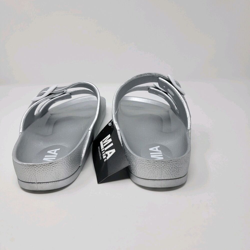 MIA Toulon Sandals Women’s 7 Slip On Two Buckle Comfort Shoe Silver - Picture 4 of 12